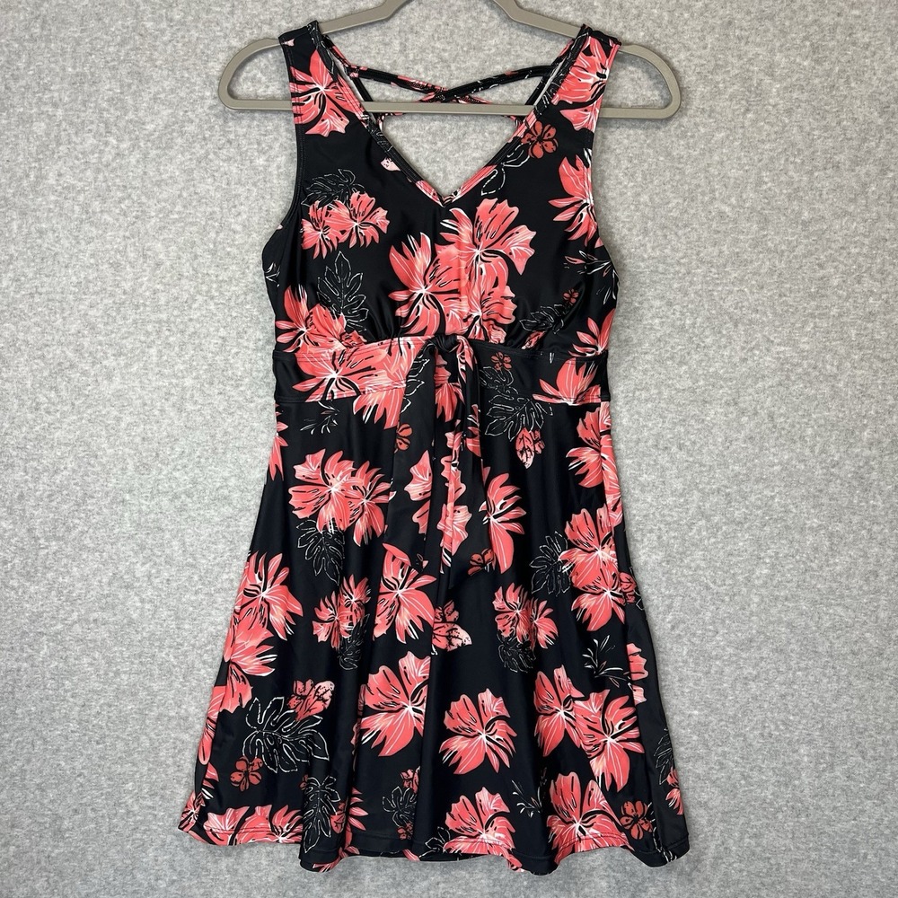 Kate Kasin Women's Tankini Swim Dress Size M Black Pink Tropical Flowers (18)